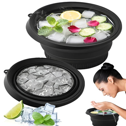 Glivary Face Bowl for Ice with Built-in Icetray, Portable Foldable Silicone Ice Facial Bowl, for Home Ice Bath Facial, Black