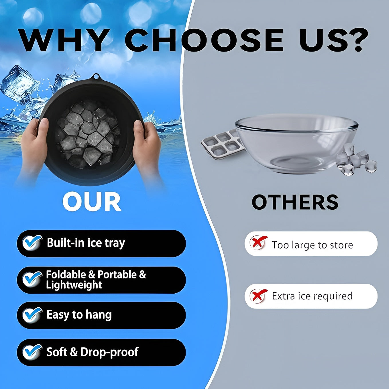 Glivary Face Bowl for Ice with Built-in Icetray, Portable Foldable Silicone Ice Facial Bowl, for Home Ice Bath Facial, Black