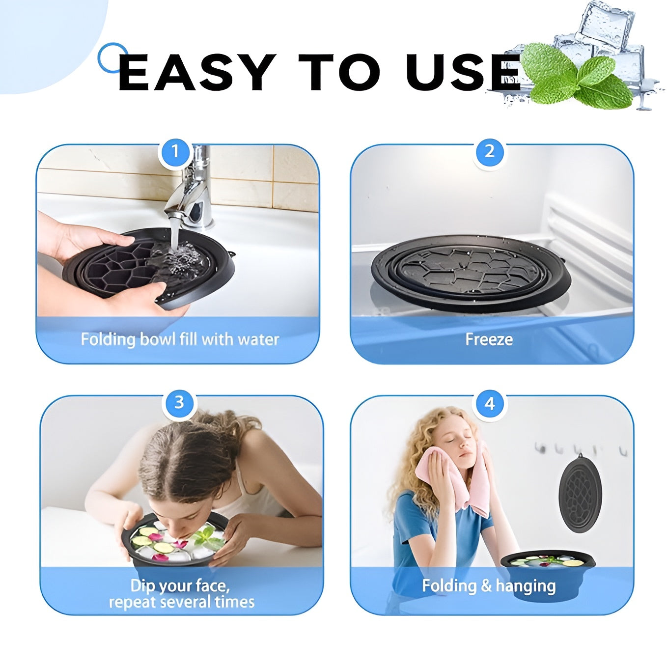 Glivary Face Bowl for Ice with Built-in Icetray, Portable Foldable Silicone Ice Facial Bowl, for Home Ice Bath Facial, Black