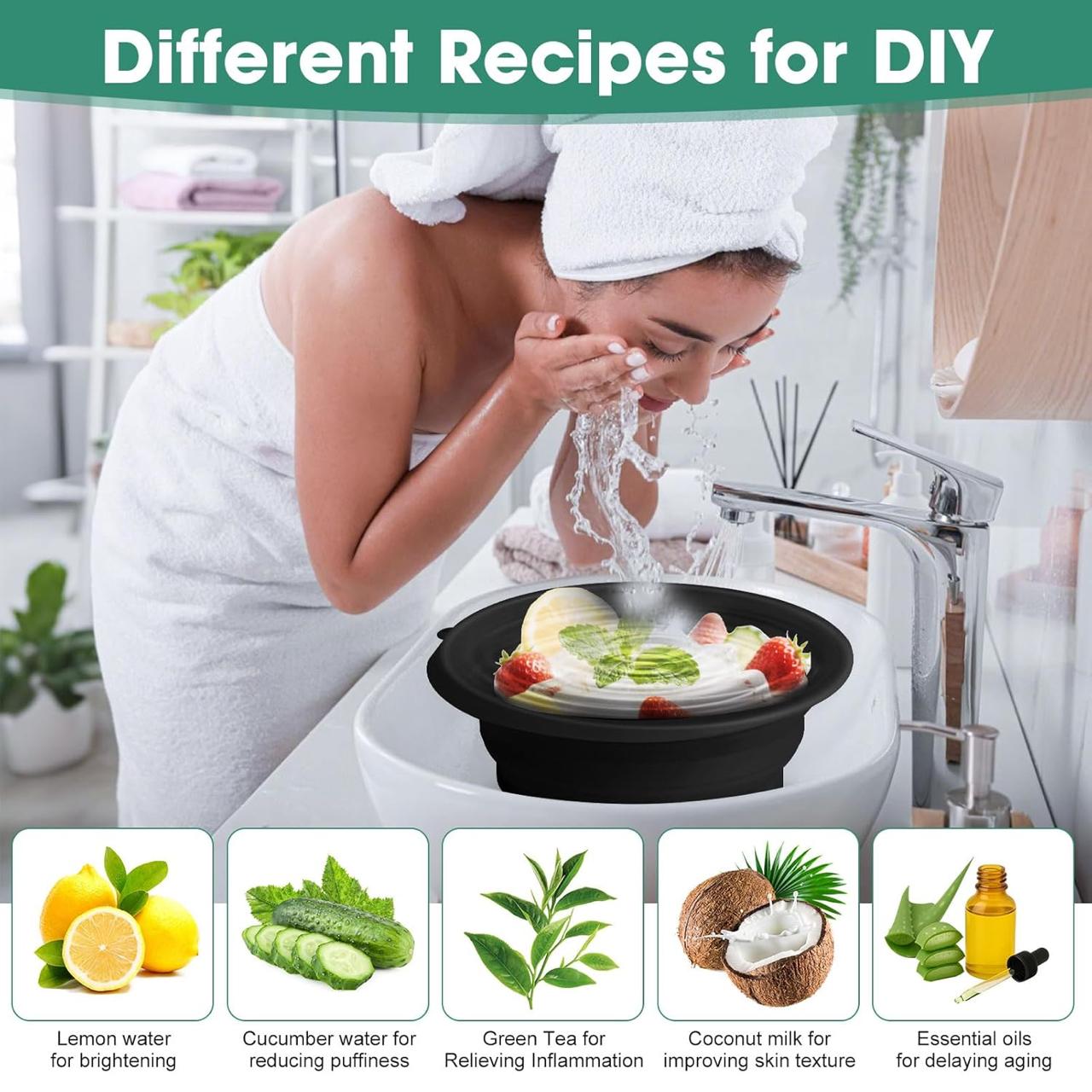 Glivary Face Bowl for Ice with Built-in Icetray, Portable Foldable Silicone Ice Facial Bowl, for Home Ice Bath Facial, Black