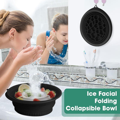 Glivary Face Bowl for Ice with Built-in Icetray, Portable Foldable Silicone Ice Facial Bowl, for Home Ice Bath Facial, Black