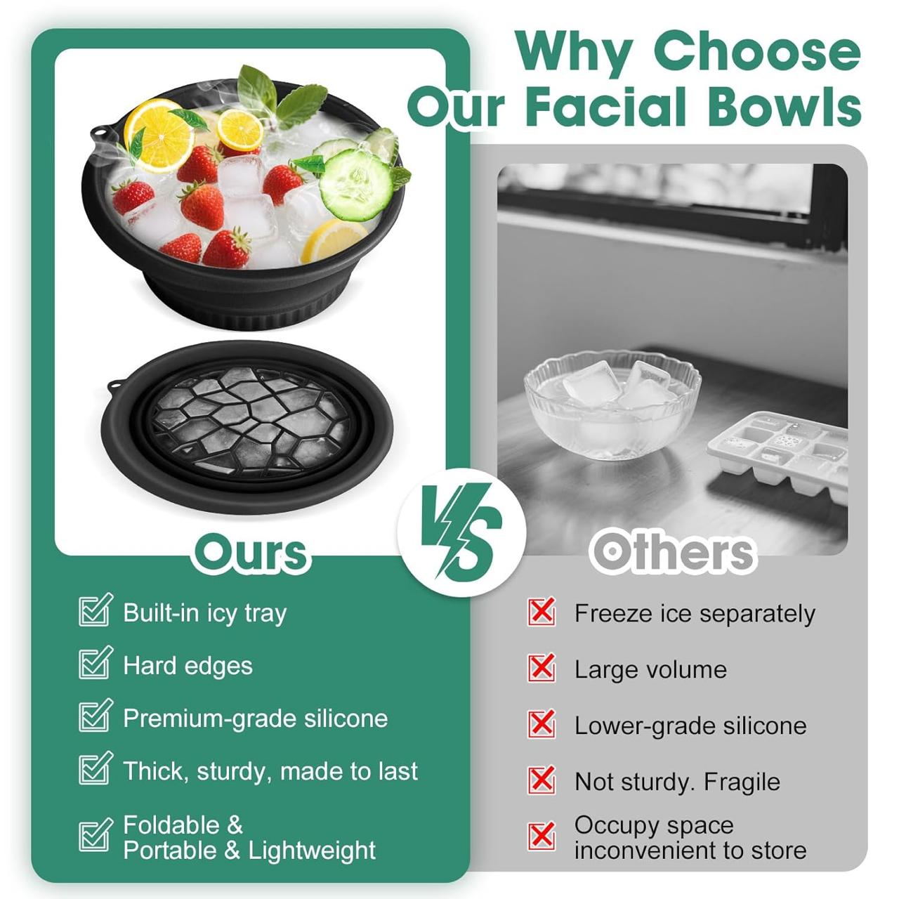 Glivary Face Bowl for Ice with Built-in Icetray, Portable Foldable Silicone Ice Facial Bowl, for Home Ice Bath Facial, Black