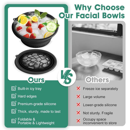 Glivary Face Bowl for Ice with Built-in Icetray, Portable Foldable Silicone Ice Facial Bowl, for Home Ice Bath Facial, Black